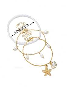 3 Peças/Conjunto Tornozeleira Estilo Boêmio de Praia com Estrela do Mar, Concha e Pérola Falsa em Aço Inoxidável, Adequado para Homens e Mulheres, Uso Diário e Férias - Multicolorido - Visão 6