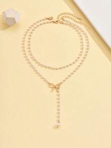 2pcs/Set Romantic Faux Pearl Bowknot Y-Necklace, Fashion Jewelry Gift For Women, Suitable For Daily Wear And Party, Adjustable Length, Handmade, Great Mother's Day Gift - 彩色 - 查看 3