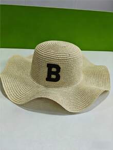 1顶女童草编宽檐帽，A-Z黑色字母标签，可定制度假防晒日常百搭帽，个性化定制户外帽 - 卡其色 - 查看 8