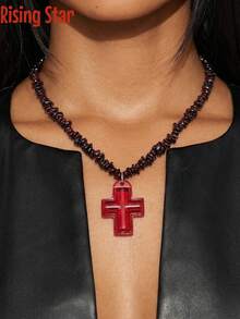 1 chiếc vòng cổ hạt đá garnet tự nhiên kiểu punk cổ điển, bất đối xứng, kèm mặt dây chuyền hình chữ thập đỏ, thích hợp cho phụ nữ đeo hàng ngày hoặc tại các lễ hội âm nhạc. - vòng cổ chữ thập đỏ - Xem 6