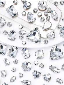 100pcs Mixed Shape Glass Rhinestones With Silver Claws, For Sewing On Jewelry, Crafts, Clothes, Shoes, Garments, And Apparel, Crystal Gemstones With Flat Back, White - White - View 6