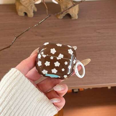 Retro Brown & White Floral Pattern Earphone Case With Hook, Suitable Compatible With Airpods Pro 3, New Pro 2, Cute & Minimalist Design Compatible With Airpods 4, 3, 1/2 For Women