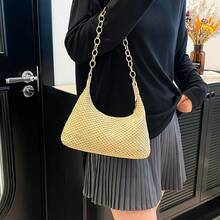 Straw Woven Chain Shoulder Tote For Women, Roomy Beach Vacation Bag, Summer Holiday Essential - Màu be - Xem 11