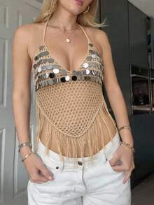 Áo dệt kim nữ SEREN đính sequin, tua rua, khoét eo, gợi cảm, đa năng, thích hợp cho buổi hẹn hò. - Màu Khaki - Xem 7
