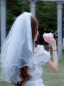 1件优雅短款双层头饰，蓬松蝴蝶结和仿珍珠面纱，时尚新娘婚礼发饰，适合女性，适用于婚礼和派对等正式场合 - 多色 - 查看 3