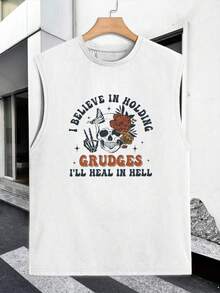 1PC Men's Vest With "Gothic Grudge Skull Illustration" Print Design, 180g Pure Cotton Vest, Seamless, Sweat-Wicking, 100% Cotton, Loose American-Style Tank Top For Sports And Fitness. - 白色 - 查看 3