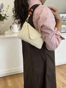 Women's New Arrival Shoulder Bag, Large Capacity Commuter Bag, Niche Design Casual Versatile Minimalist Fashion Handbag, Comfortable Fabric Woven Texture Solid Color Design, Zipper Closure, Spacious Interior, Online Straw Bag Beach Bag - White - View 6
