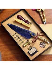 一套冬季礼盒包含：印章、火漆印章、羽毛笔、Jubaboz书法笔、墨水笔套装、蘸水笔、机械齿轮蘸水笔、鹅毛笔（鹅毛材质） - 彩色 - 查看 3