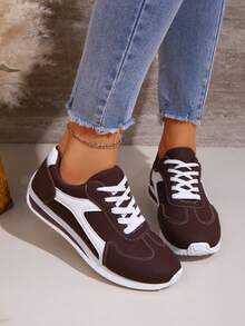 Women's Versatile Casual Sneakers, Round Toe Low-Top, Comfortable Flat, Colorblock, Retro Style, Suitable For All Seasons, Available In Red, Green, Yellow, Size 35-43 Plus Size - Brown - View 6