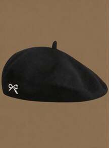 1pc Unisex Beret Hat, Couple Style - Black - View 2
