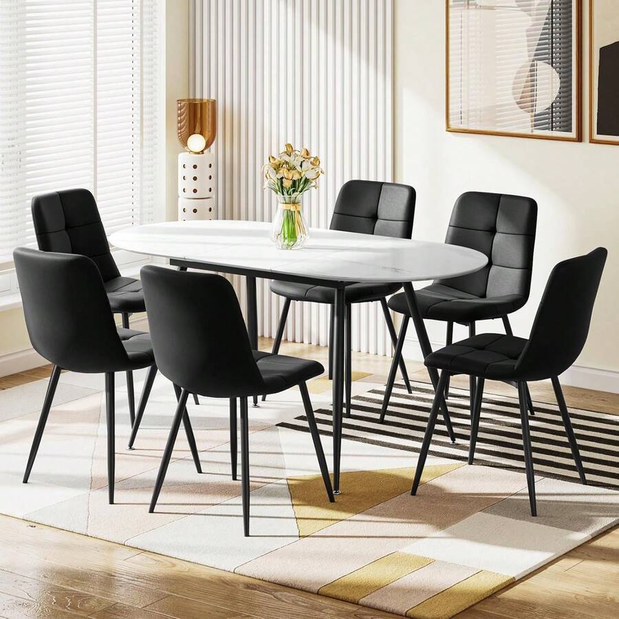 Extendable Dining Table And Chairs Set Of 6, Oval Mable Effect Table With Upholstered Chairs (Black Line, Set Of 6) - White Marble Table + 6 Black Linen Chairs - View 1