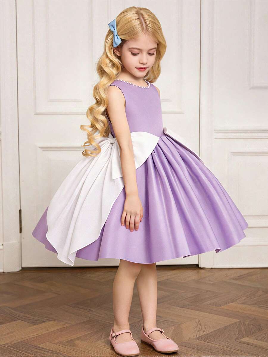 Young Girls' Sleeveless Beaded Contrast Color Big Bow Satin Elegant Flower Girl Dress, Suitable For Piano Recital, Wedding, Graduation, Prom, Celebration Events, Faux Pearl Decor (Headband Not Included)