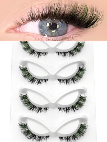 GROINNEYA 5 pares de pestañas verdes con diseño cruzado, con extremos verdes, banda transparente, pestañas postizas completas que alargan y dan un efecto de ojos de gato dramático, adecuado para fiestas y cosplay (CD12)