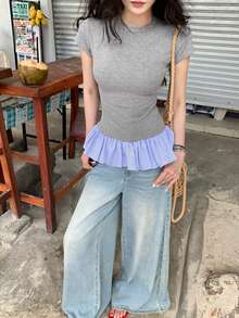 女士修身短袖T恤，拼接下摆，夏季休闲家居服 - 灰色 - 查看 7