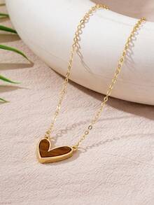 1pc Fashionable & Elegant Coffee Brown Heart Pendant Necklace, Versatile For Parties, Dinners And Daily Wear, Great Mother's Day Gift - Coffee Brown - View 3