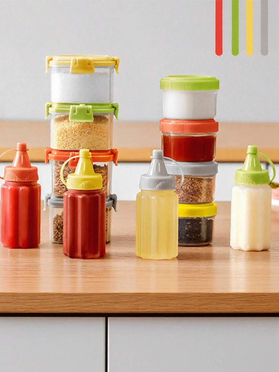 12 piezas Botellas portátiles mini para condimentos, recipientes a prueba de fugas para aliños y salsas - Almacenamiento de alimentos de plástico reutilizable para camping, picnics, escuela y oficina, utensilios de cocina