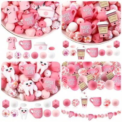 25/30/31/33pcs Cute 3D Pink Nurse Heart Coffee Cup Silicone Bead Set, Includes Nurse Uniform, Nurse Cap, Dental Care Shaped Design, Polygon + Printed Round Beads + Flat Beads, Ideal For DIY Bracelets, Lanyards, Pen Decorations, Holiday Decorations And Other Crafts - Ideal Gift - Beading Set, Beading Supplies
