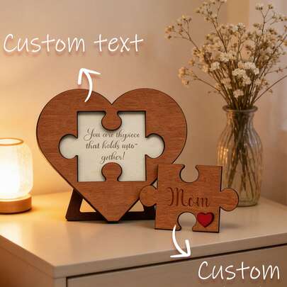 Custom Text Heart Puzzle Wooden Table Decor, Personalized Sign With Stand, Rustic Engraved Puzzle Piece Keepsake Gift, Ideal For Mother's Day, Home & Desk Decor, Suitable For Moms, Grandmas & Family, Perfect For Easter, Mother's Day, Birthdays & Anniversaries, Natural Wood Material, Versatile As Table Centerpiece, Memorial Decor & Sentimental Gift