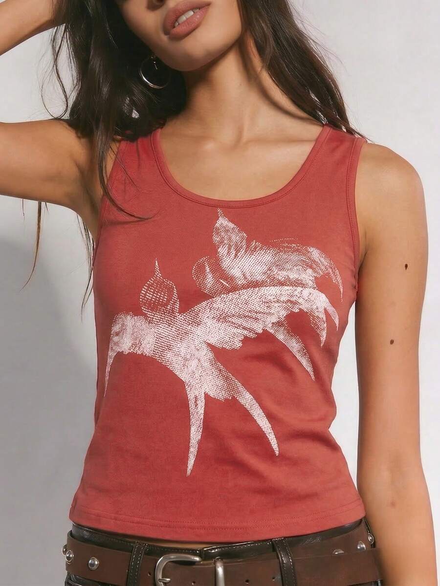 Áo tank top nữ màu đỏ gỉ in hình chim én phong cách Y2K - Áo ôm dáng, cổ chữ U, không tay, chất liệu gân, gợi cảm, phong cách đường phố thường ngày, trang phục mùa hè cho nữ, trang phục đi biển, trang phục dự tiệc, áo đi chơi, phong cách tối giản retro, trang phục lễ hội. - Đỏ - Xem 1