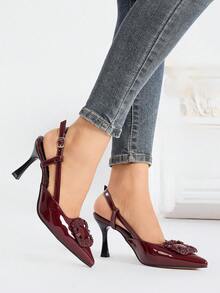 Tacones de aguja con hebilla para mujer, estilo versátil europeo y americano para fiestas, uso diario, trabajo, primavera/verano - Burdeos - Ver 2