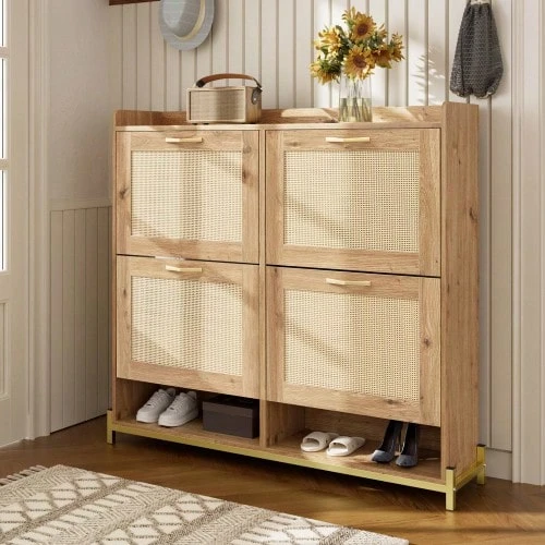 High-Quality 4-Drawer Rattan Cabinet With Solid Wood Handles - Suitable For Bedroom, Living Room, Dining Room, Hallway - Dimensions: W80/H80/D38 Cm - Wood - View 1