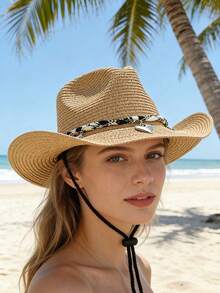 Straw Cowboy Hat, Suitable For Beach Vacation, UV Protection, Windproof, Western Style Sun Hat - Multicolor - View 2