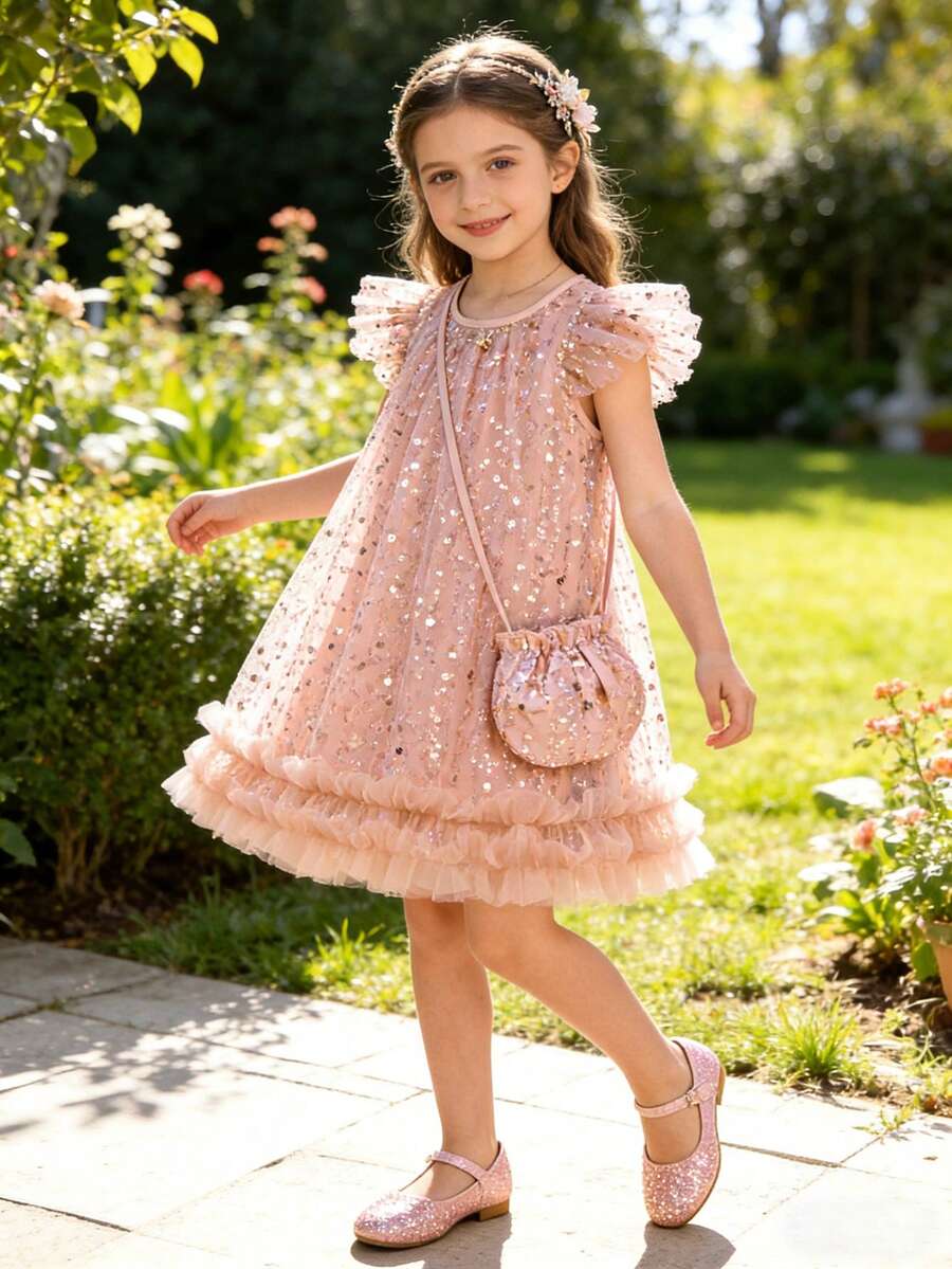 Girls' High-End Sequin Embroidered Mesh Dress, Fashion Princess Dress With Sweet Cute Style, Comes With Bag - Coral Pink - View 1