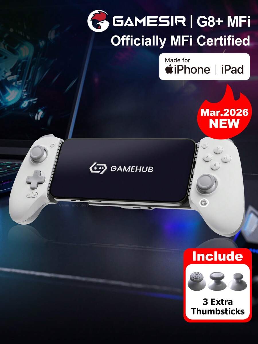 GameSir G8+ MFi 官方认证有线游戏手柄摇杆，兼容 17/16/15 系列、Mini 7/6 等 iOS、macOS 和安卓手机游戏手柄，长度 125-215mm，采用霍尔效应摇杆、霍尔效应模拟/灵敏扳机、双非对称马达和两个背部按钮。