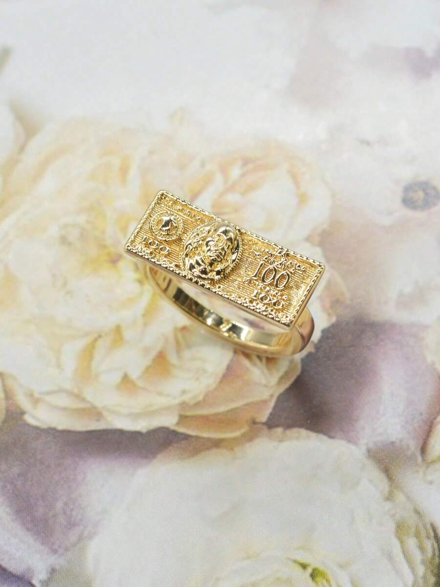 1pc Fashion Hip-Hop US Dollar Bill Ring, Suitable For Daily Wear/Party/Event, Unisex, Charming Punk Style Ring, Great Christmas/Halloween/Easter Gift, Best Choice For Boyfriend/Father - Gold - View 1