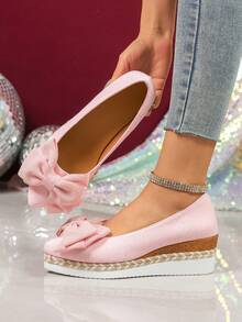 Gentle Bowknot Wedge Heel Slip-On Shoes, Women's Linen Braided Platform Granny Shoes, Versatile Commuting Increased Height Fisherman Shoes - Pink - View 2