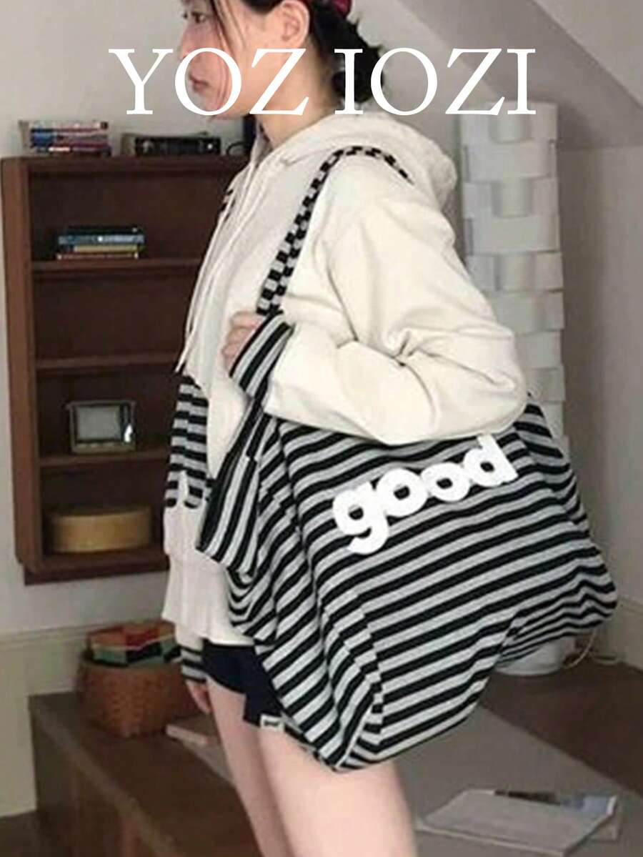 Túi tote kẻ sọc đen trắng, túi xách tay thường ngày, túi đeo vai, túi unisex dùng hàng ngày, có thể gấp gọn. - màu đen - Xem 1