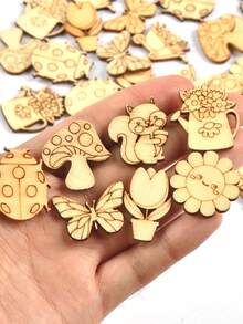50pcs 2-2.8cm Natural Wood Tone Assorted Patterns (Mushroom, Butterfly, Etc.) Unfinished Blank Wood Slices, DIY Craft Decorative Accessories - Multiple Mix - View 4