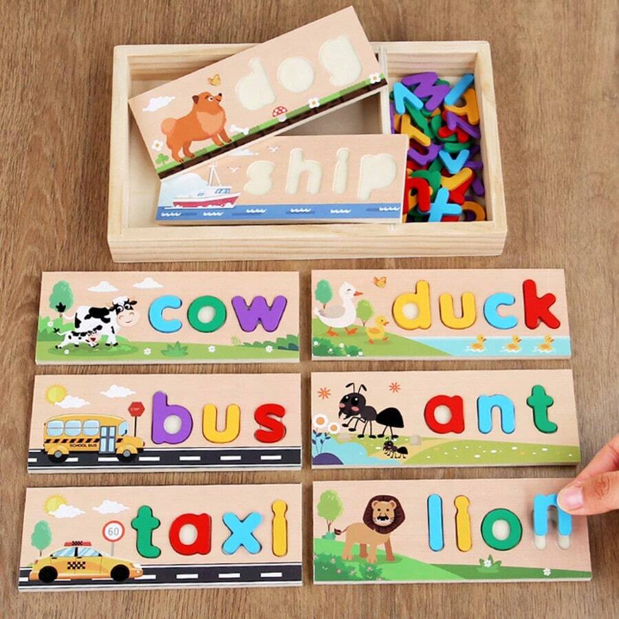 26pcs Multicolor Wooden Alphabet Letter Spelling Word Puzzle Board Game, Montessori Educational Learning Toy, Infant Toddler Travel Toy
