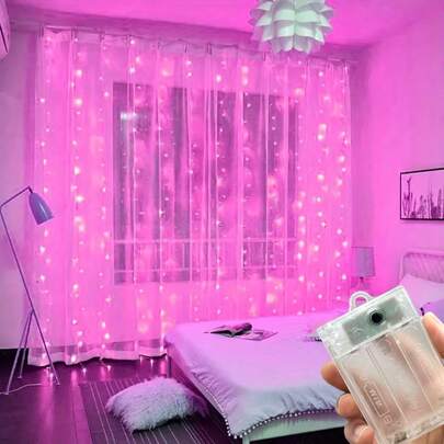 电池供电（不含电池）粉色单扇派对窗帘灯，8种模式LED窗帘灯，适用于房间卧室、花环灯、节日照明装饰、婚礼派对、生日、母亲节装饰