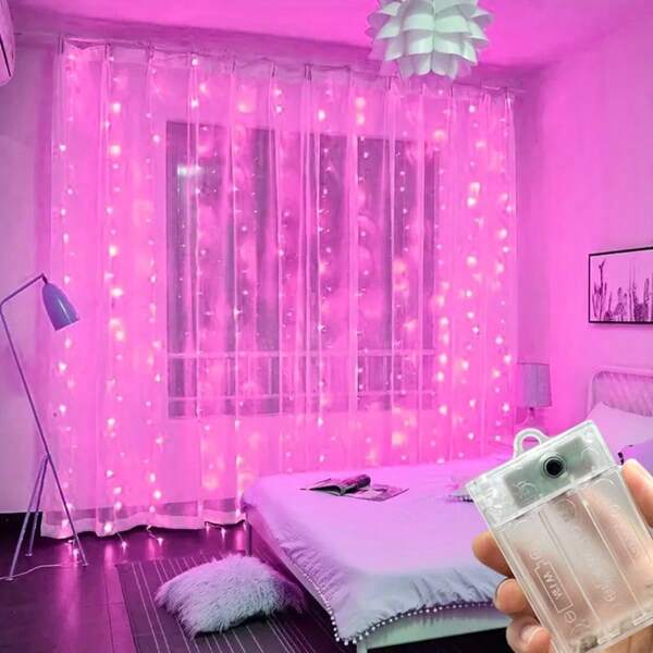 Đèn rèm cửa sổ đơn màu hồng, chạy bằng pin (không bao gồm pin), 8 chế độ chiếu sáng LED cho phòng ngủ, đèn vòng hoa, trang trí đèn ngày lễ, trang trí tiệc cưới, sinh nhật, Ngày của Mẹ.