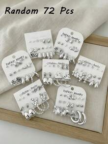 72/36/18件套简约镂空花朵、心形、水滴形CCB耳环，适合女性日常佩戴、度假、约会、派对、节日礼物 - 銀色 - 查看 8