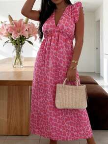 Colorful Leopard Print Loose Casual Romantic Comfortable Backless Tie Strap Dress Vacation Elegant Pink Party Summer - Pink - View 5