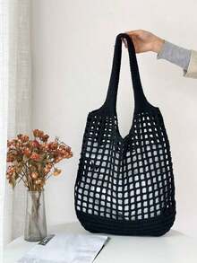 ENBEI Women's Minimalist Large Capacity Hollow Woven Tote Bag/Beach Bag, Lightweight Foldable Large Capacity Handbag, Lunch Bag, Suitable For Work, Travel, Graduation, Teenage Girls, College Freshmen, University Students, High School Students, Paired With Women's Vacation Outfits Handbag, Also Can Be Used As Valentine's Day Gift, Mother's Day Gift, Holiday, Vacation, Woven Bag - 黑色 - 查看 9