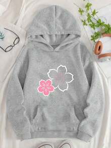 The Pink Floral Print On The Sweatshirt Features A Fresh And Natural Design. This Women's Hooded Sweatshirt With A  Pattern, Printed Letters, And A -Lined Pocket Women's Printed Hooded Sweatshirt - 淺灰色 - 查看 1