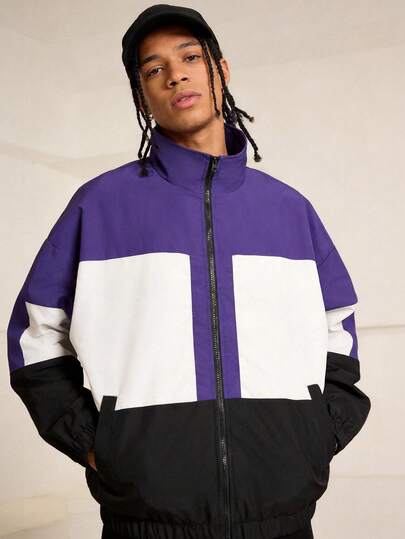 Men's Lightweight Athletic Sports Jacket, Color Block Drop Shoulder Outerwear