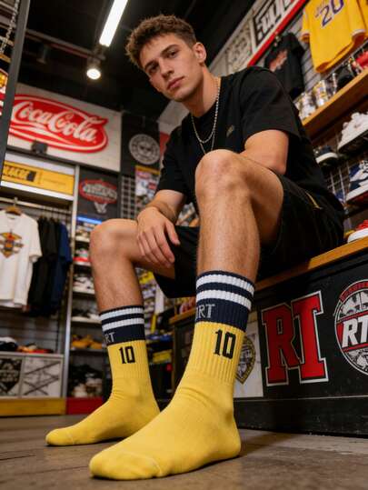 1 par de calcetines de media pantorrilla para hombres con diseño de rayas amarillas, azules y blancas con el número 10, adecuados para deportes y uso casual en todas las estaciones