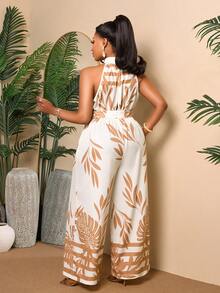 BIUBIU Plus Size Women's Tropical Leaf Print Sleeveless Jumpsuit With Belt, Elegant Loose Linen Blend Jumpsuit, Holiday Outfit, Women's Festival Clothing - Apricot Coffee - View 2