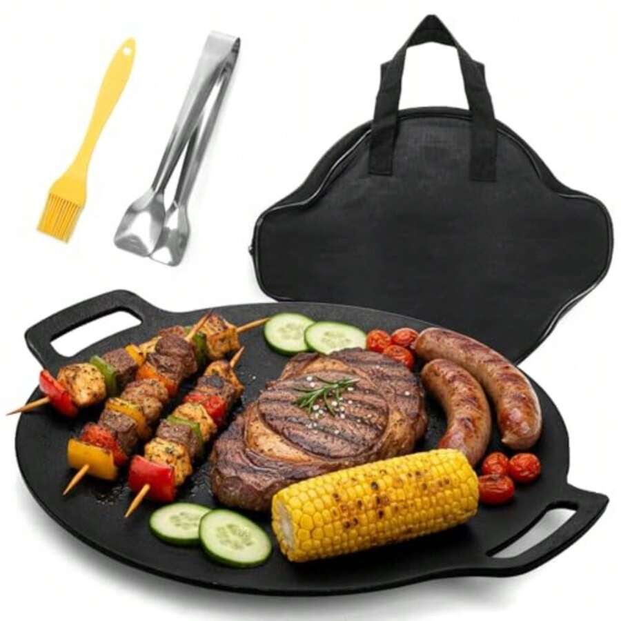 Korean BBQ Grill Nonstick Round Griddle Pan with Bag 12 Inch 6 Layer Coating BBQ Griddle Heavy-Duty Cast Iron Griddles for Stove Top Outdoor Camping Tawa Roti Pan - Negro - Ver 1