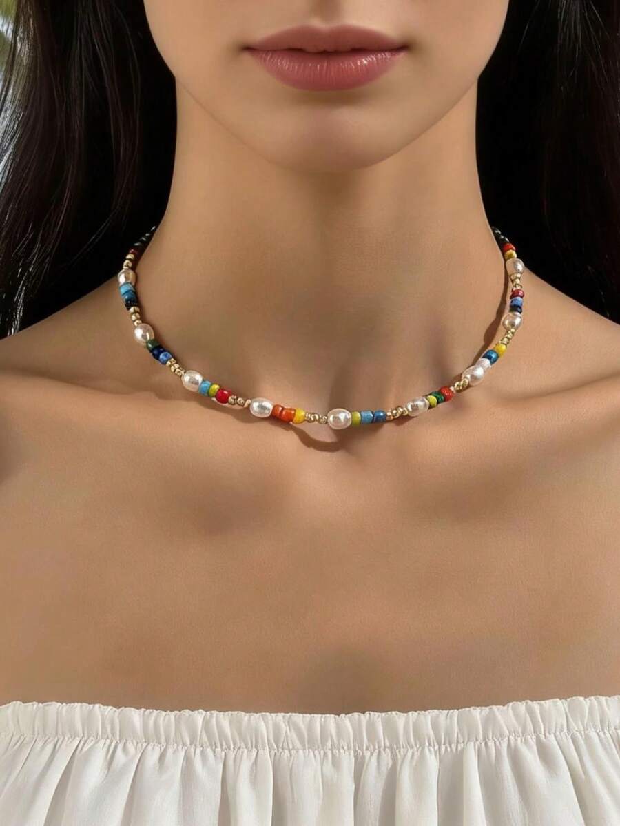 imoli 1pc  Versatile Resin Colorful Rice Bead & Pearl Beaded Necklace For Women Party Gift(Random Mixed Rice Bead Color & Quantity)