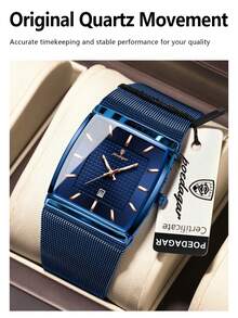 1pc Men's Stainless Steel Waterproof Luminous Date Watch, Mesh Strap Rectangular Dial, Casual Quartz Wristwatch, Suitable For Daily Wear, Perfect Gift - Blue - View 6
