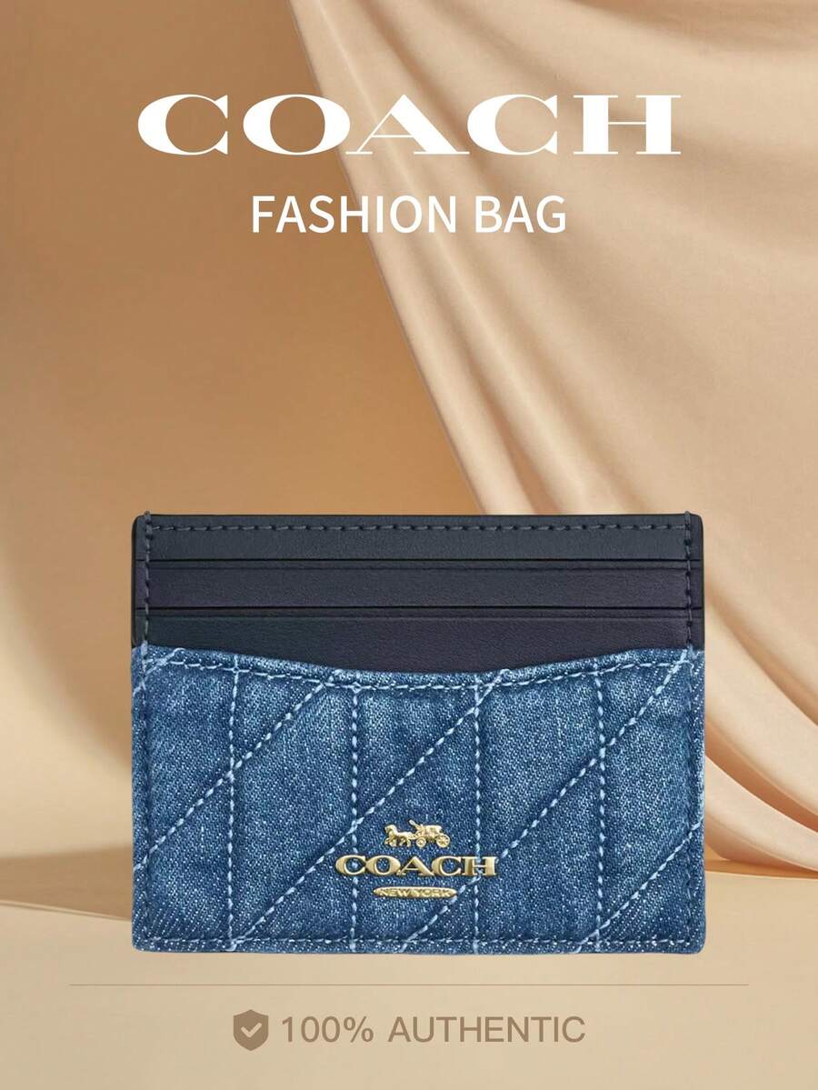 Coach 10 Card Slots Rhombus Pattern Card Holder, Ultra-Thin Wallet With RFID Blocking Front Pocket - Blue - View 1