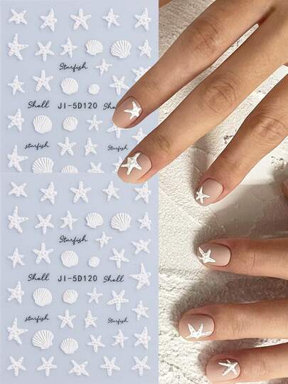 5D立体浮雕夏季海洋美甲贴纸 白色海星贝壳字母海洋世界设计自粘美甲贴纸装饰条