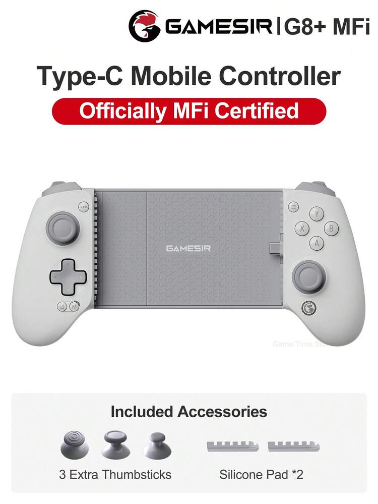 GameSir G8+ MFi 官方认证有线游戏手柄摇杆，兼容 17/16/15 系列、Mini 7/6 等 iOS、macOS 和安卓手机游戏手柄，长度 125-215mm，采用霍尔效应摇杆、霍尔效应模拟/灵敏扳机、双非对称马达和两个背部按钮。 - 查看 12