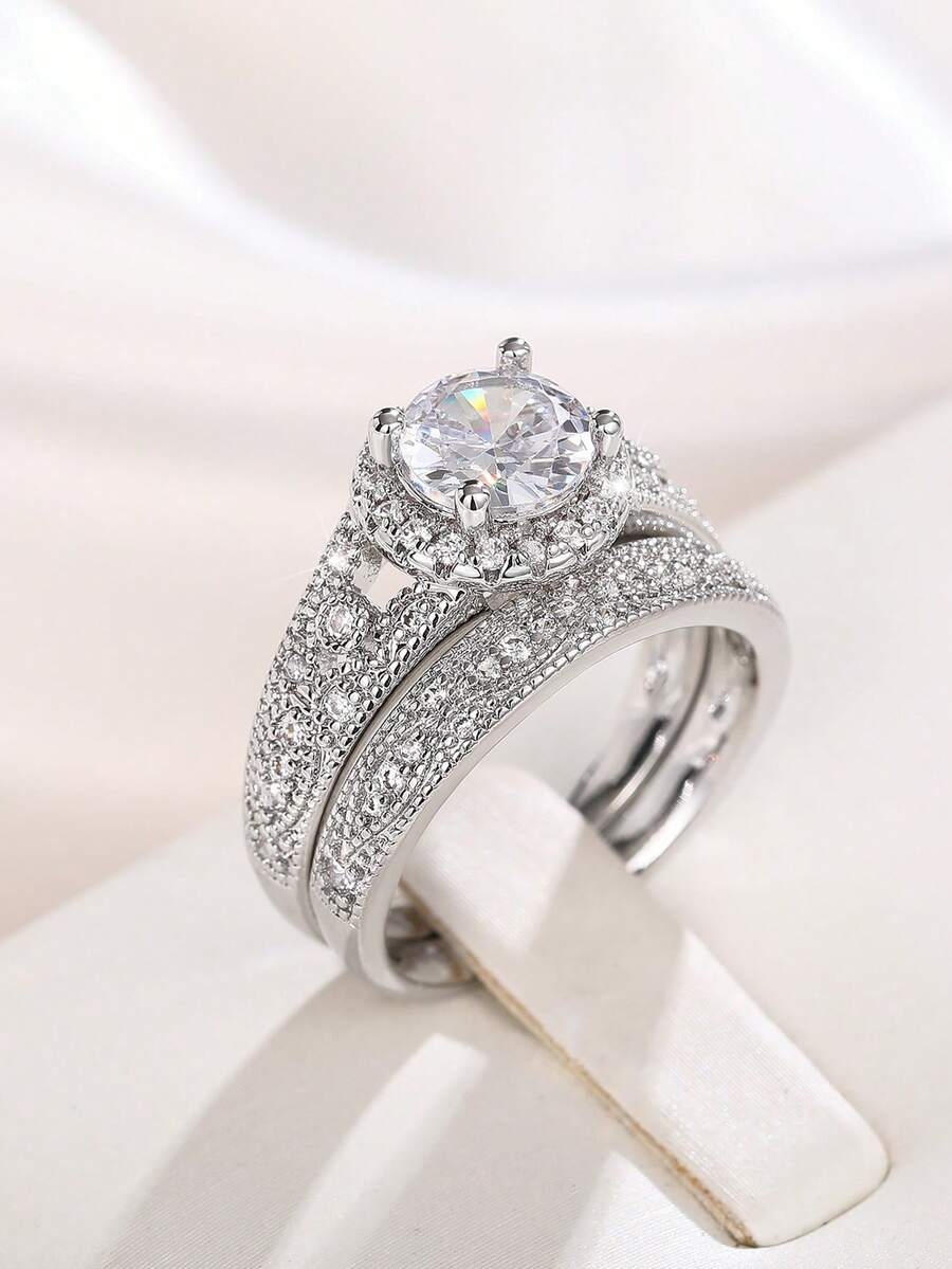 2pcs Cubic Zirconia Ring Set For Women, Suitable For Wedding, Engagement, Anniversary Party, Valentine's Day Gift - 1# - View 1