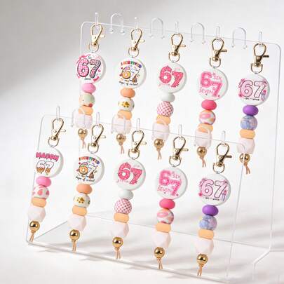 1pc Cute Girly Pink 67 Print Keychain, Round Silicone Beads With Printed Flat Round Beads Handmade, Multifunctional Keychain/Bag Charm Decor, Suitable As Small Gift For Back To School, Easter, Mother's Day, Anniversary